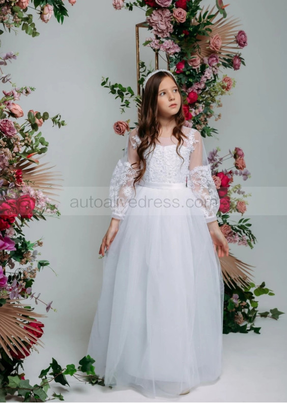 Beaded White Lace Glitter Tulle Long Flower Girl Dress